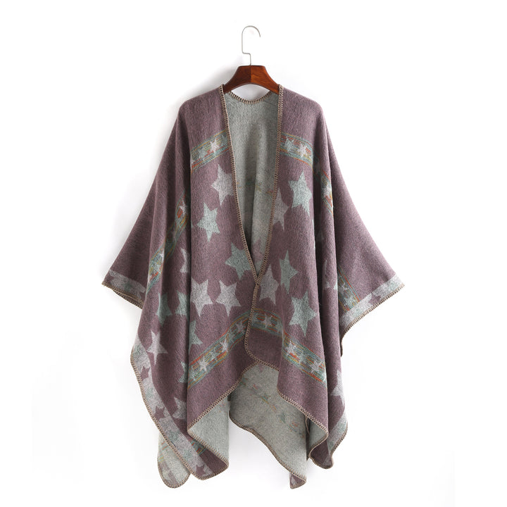 Women Oversize Ruana Poncho with Star Jacquard and Decorative Stitch Edge Mune Fashion