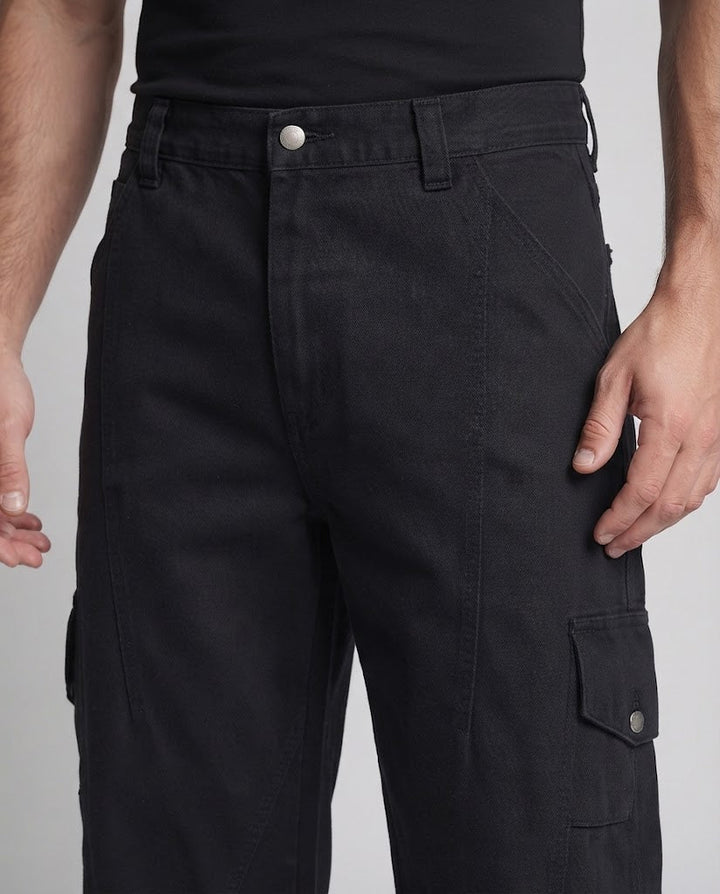 Men's Loose Utility Palazzo Cargo Pants made of durable canvas with rounded knee panels and snap-button side pockets Mune Fashion