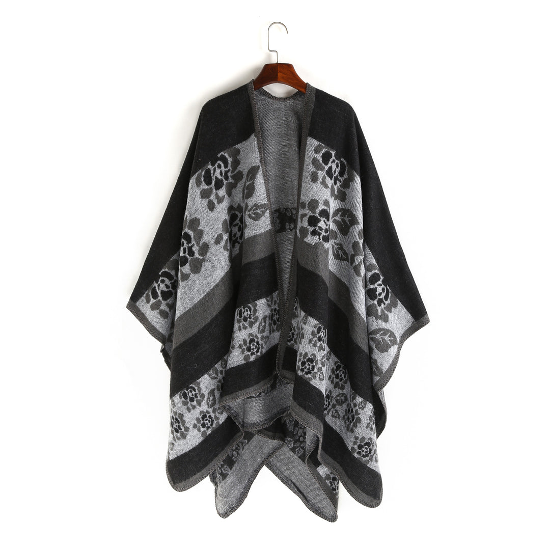 Women Oversize Ruana Poncho with Star Jacquard and Decorative Stitch Edge Mune Fashion
