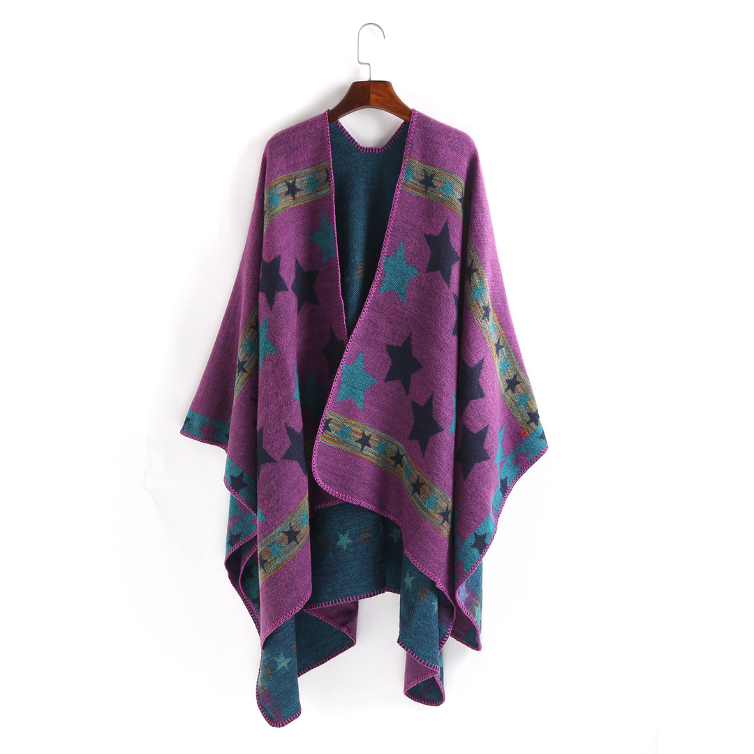 Women Oversize Ruana Poncho with Star Jacquard and Decorative Stitch Edge Mune Fashion