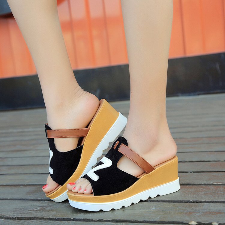 Women slip-on wedge sandals with ergonomic wave sole, padded comfort footbed, and decorative logo application Mune Fashion