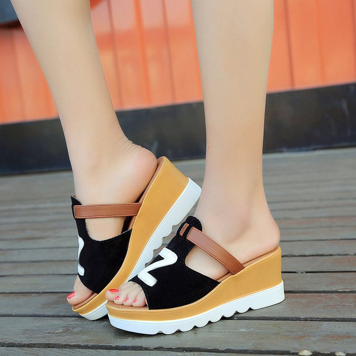 Women slip-on wedge sandals with ergonomic wave sole, padded comfort footbed, and decorative logo application Mune Fashion