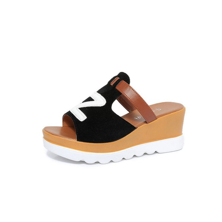 Women slip-on wedge sandals with ergonomic wave sole, padded comfort footbed, and decorative logo application Mune Fashion