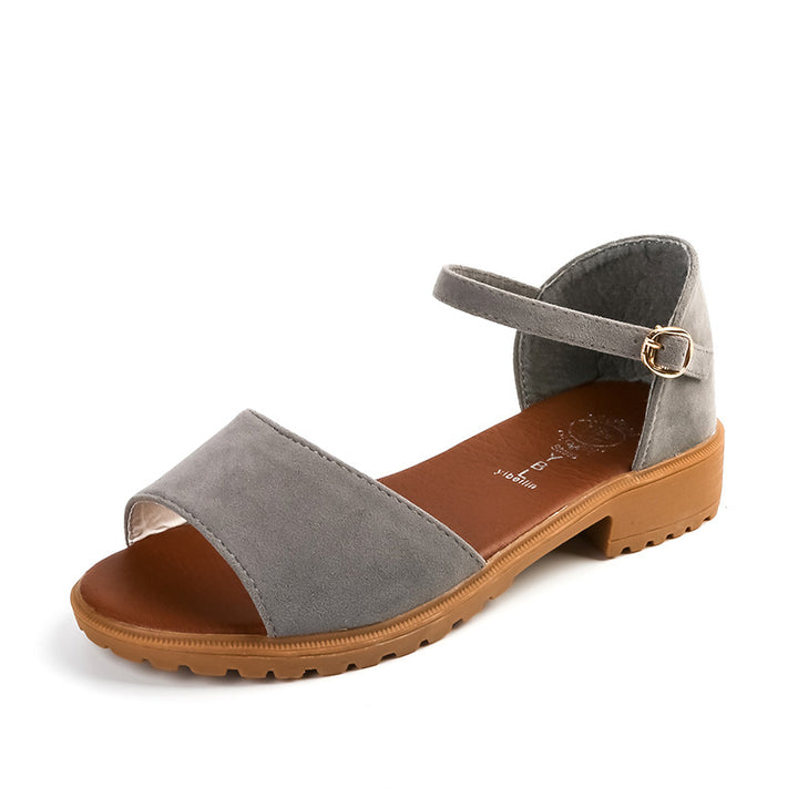 Ladies' velour-look sandal with closed heel, adjustable ankle strap, and profiled rubber sole heel Mune Fashion