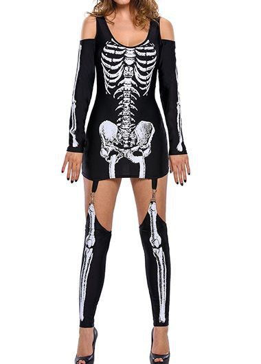 Women Skeleton Mini Dress with Off-Shoulder Cut-Out, Figure-Hugging Stretch Jersey, and Removable Garters Mune Fashion