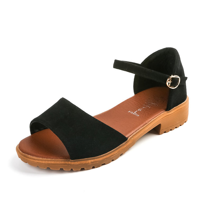 Ladies' velour-look sandal with closed heel, adjustable ankle strap, and profiled rubber sole heel Mune Fashion