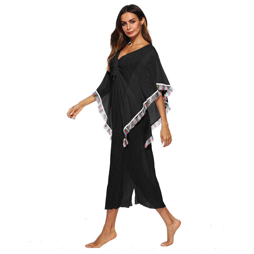 Women's Beach Cover-Up with Colorful Fringe Trim Mune Fashion