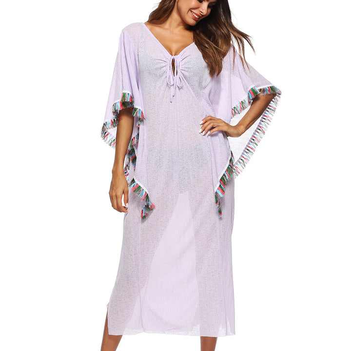 Women's Beach Cover-Up with Colorful Fringe Trim Mune Fashion