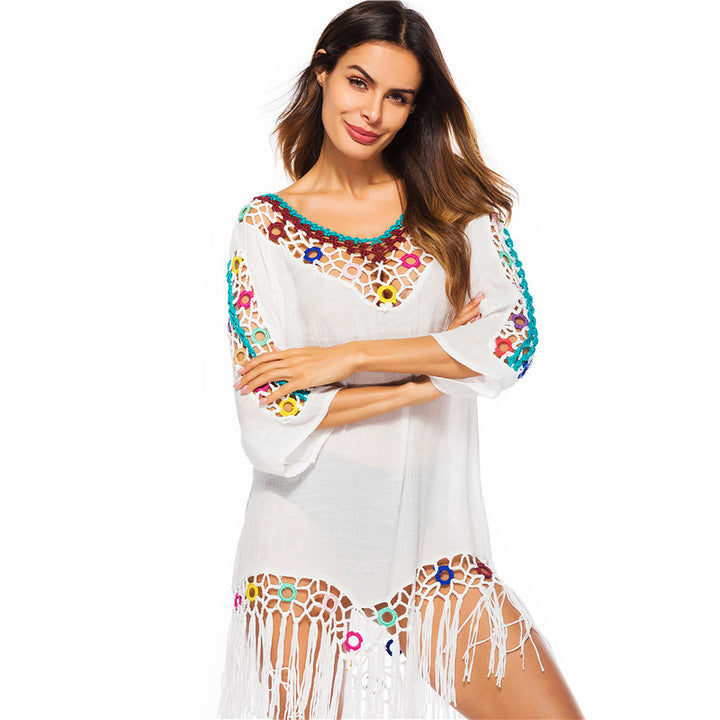 Women's casual beach cover-up with fringed hem and colorful crochet accents Mune Fashion