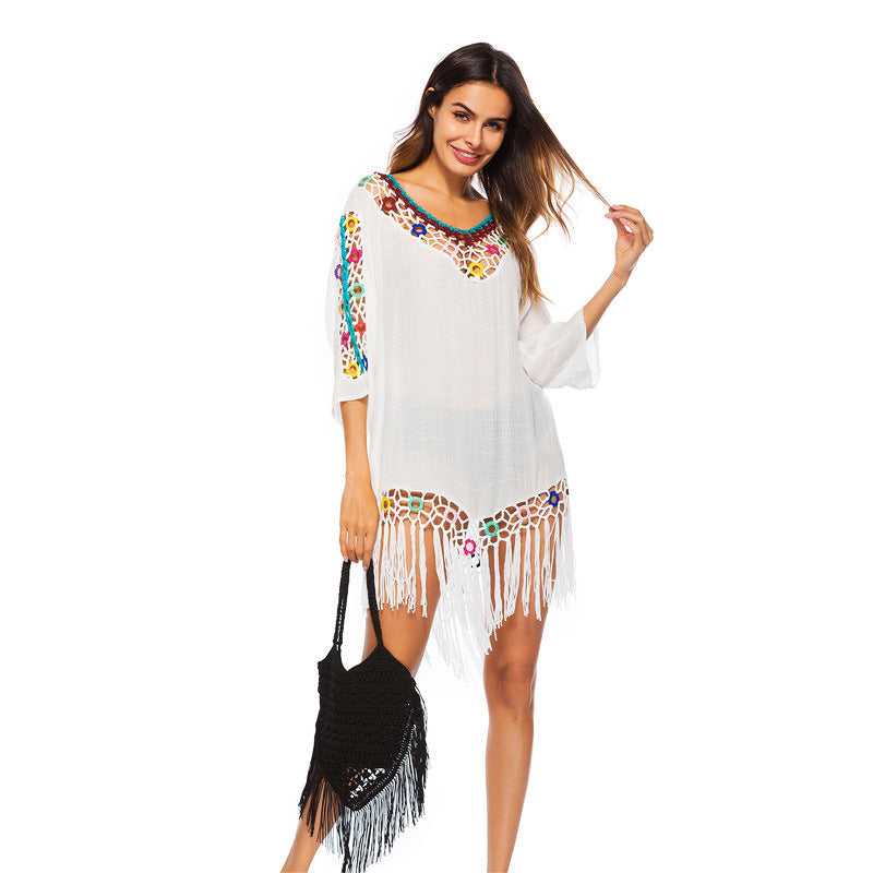 Women's casual beach cover-up with fringed hem and colorful crochet accents Mune Fashion