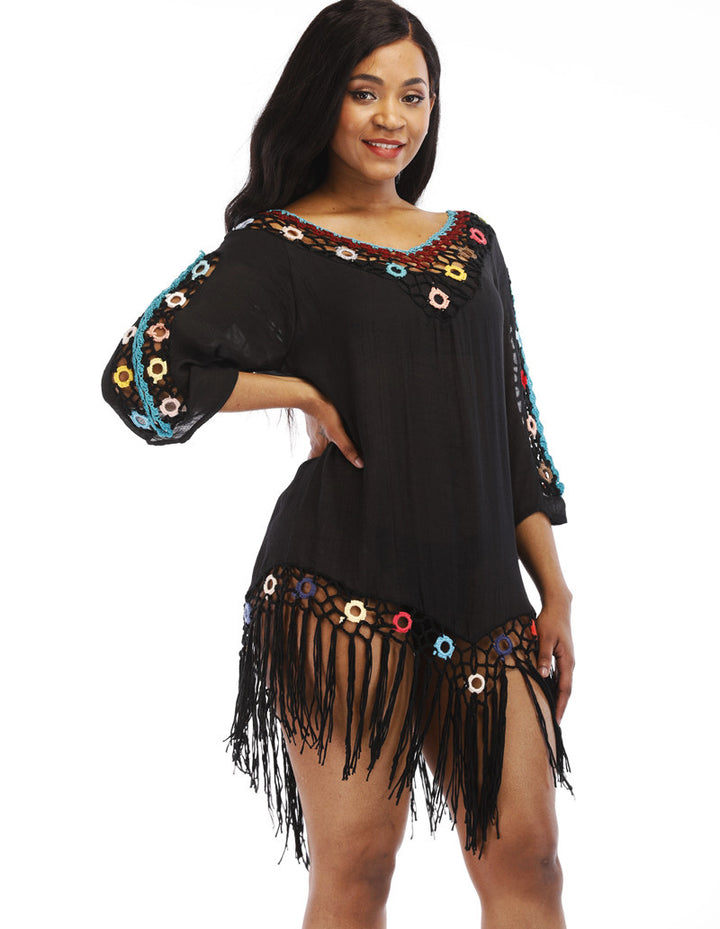 Women's casual beach cover-up with fringed hem and colorful crochet accents Mune Fashion
