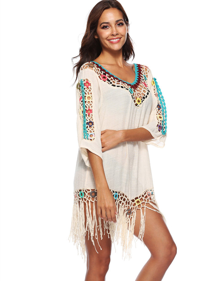 Women's casual beach cover-up with fringed hem and colorful crochet accents Mune Fashion