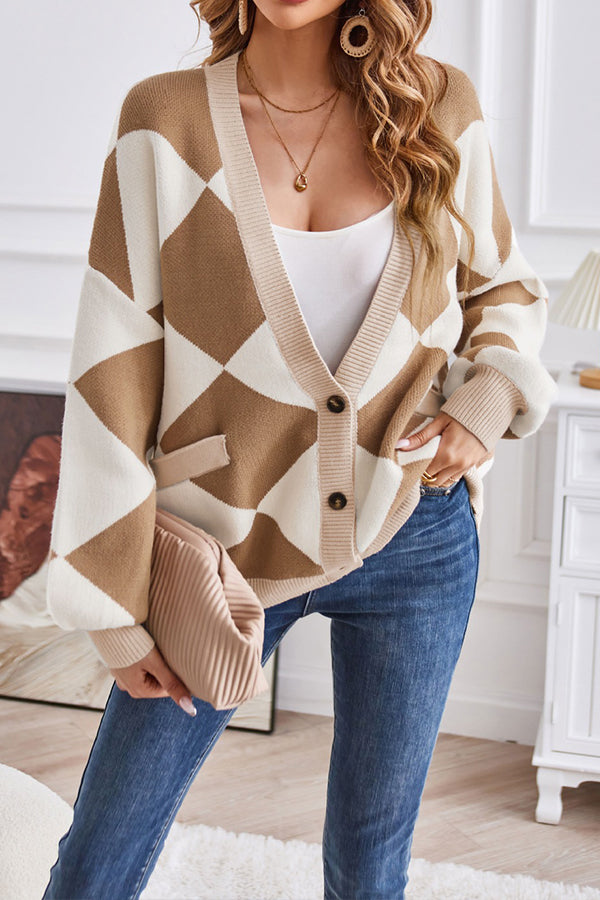 Mune | Neck Geometric Patchwork Contrasting Knit Cardigan Casual Loose Jacket