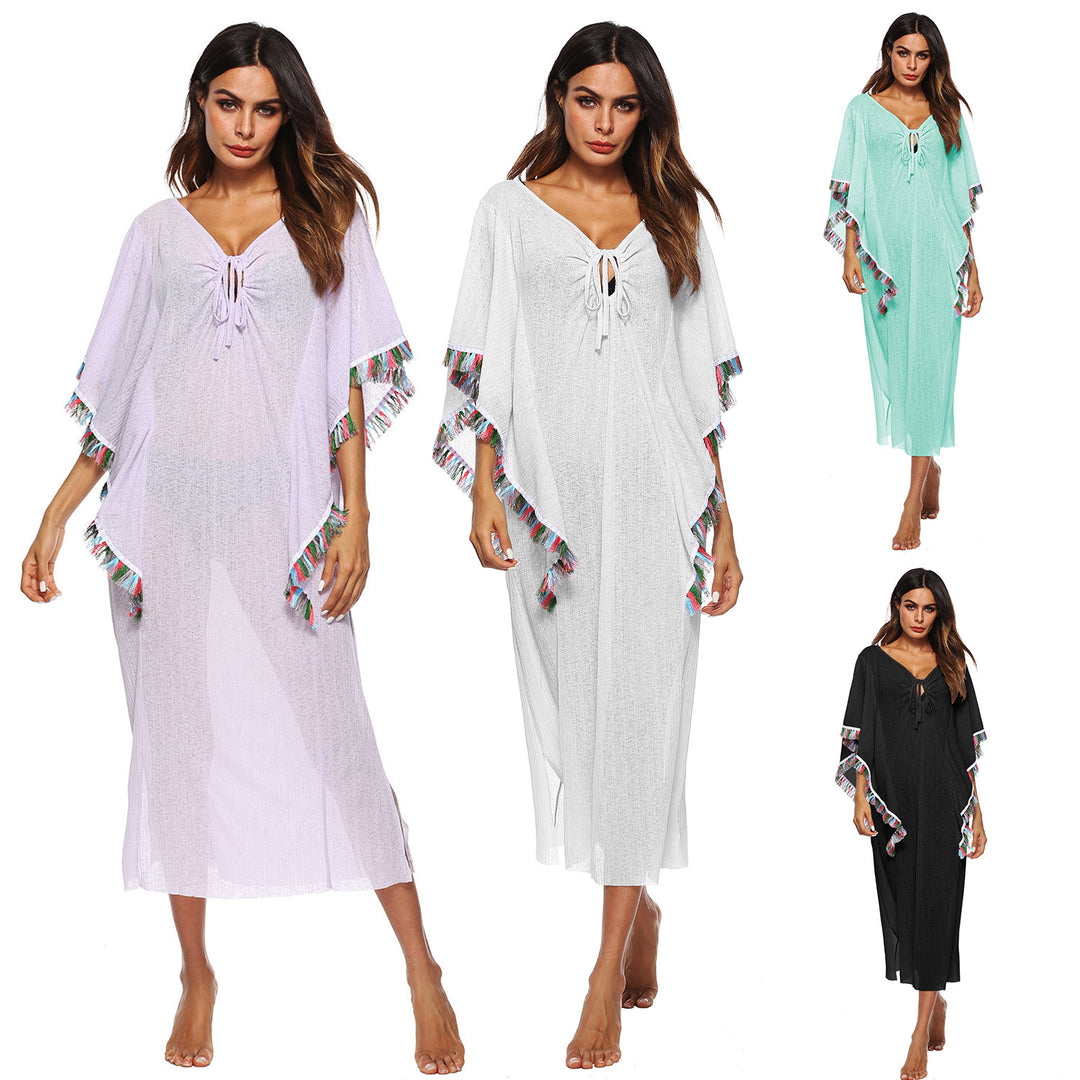 Women's Beach Cover-Up with Colorful Fringe Trim Mune Fashion