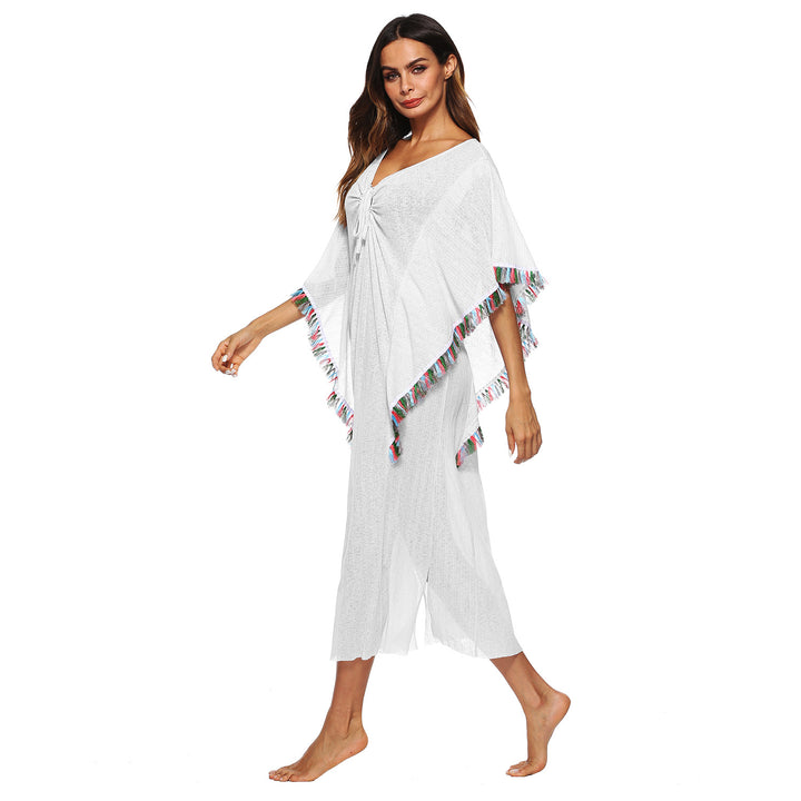 Women's Beach Cover-Up with Colorful Fringe Trim Mune Fashion