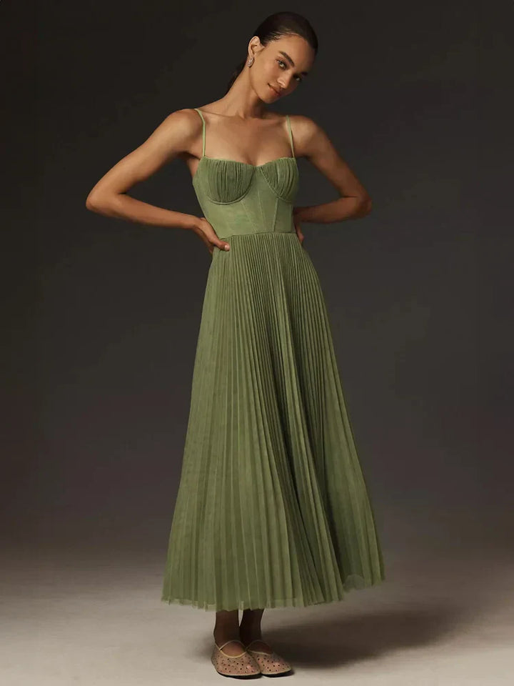 Flared midi dress with pleated tulle bustier