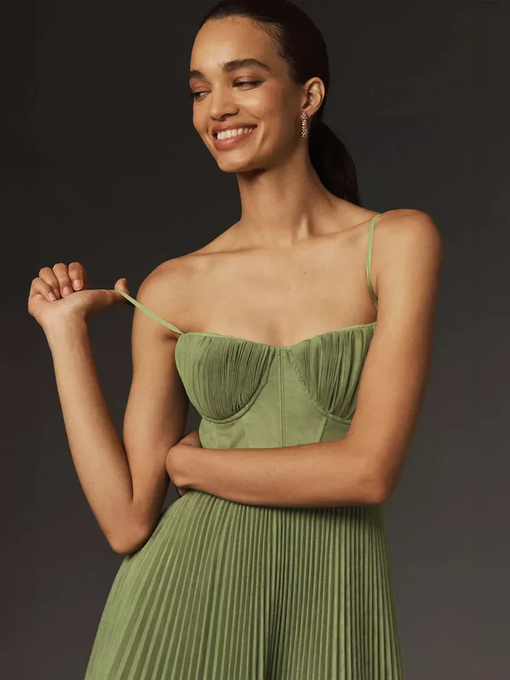 Flared midi dress with pleated tulle bustier