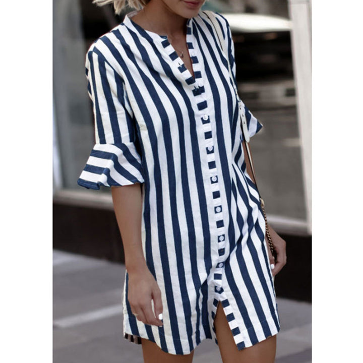 Women's striped tunic-mini dress with full button placket, three-quarter ruffled sleeves, and front slit Mune Fashion