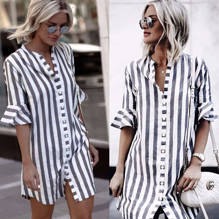 Women's striped tunic-mini dress with full button placket, three-quarter ruffled sleeves, and front slit Mune Fashion
