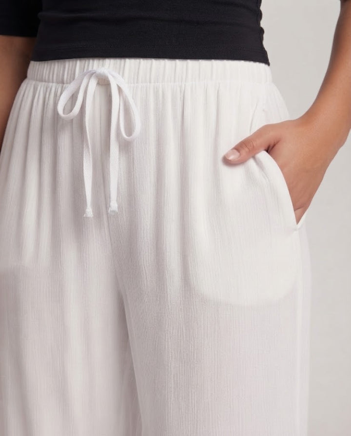 Women's High-Waisted Loose Linen-Look Trousers with Drawstring and Flowing Palazzo Silhouette Mune Fashion