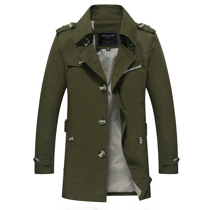 Men's lightweight cotton trench coat with lapel collar, shoulder epaulets, contrasting inner lining, and concealed button placket Mune Fashion