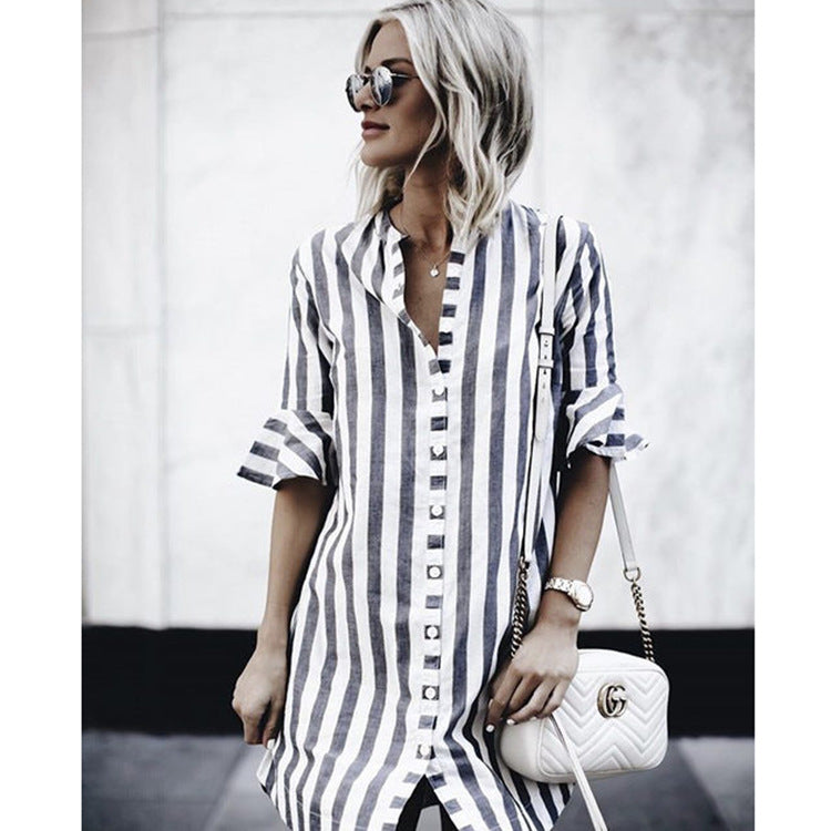 Women's striped tunic-mini dress with full button placket, three-quarter ruffled sleeves, and front slit Mune Fashion