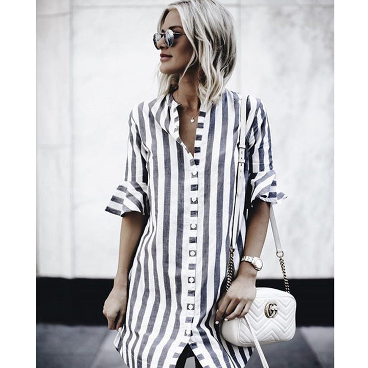 Women's striped tunic-mini dress with full button placket, three-quarter ruffled sleeves, and front slit Mune Fashion