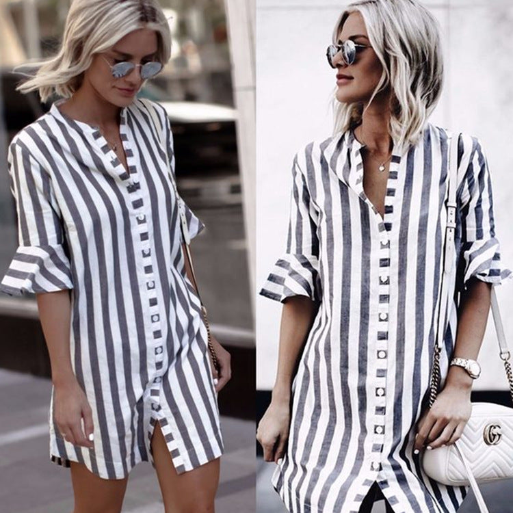 Women's striped tunic-mini dress with full button placket, three-quarter ruffled sleeves, and front slit Mune Fashion