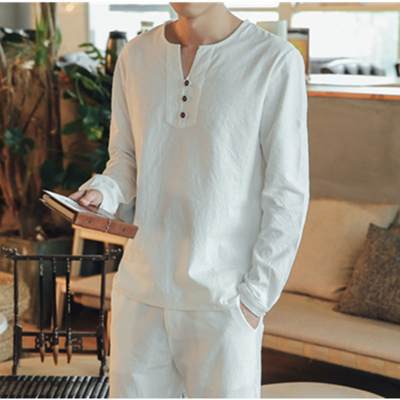 Men's Long Sleeve Henley Shirt with Stand Collar, Short Button Placket and Relaxed Fit Mune Fashion