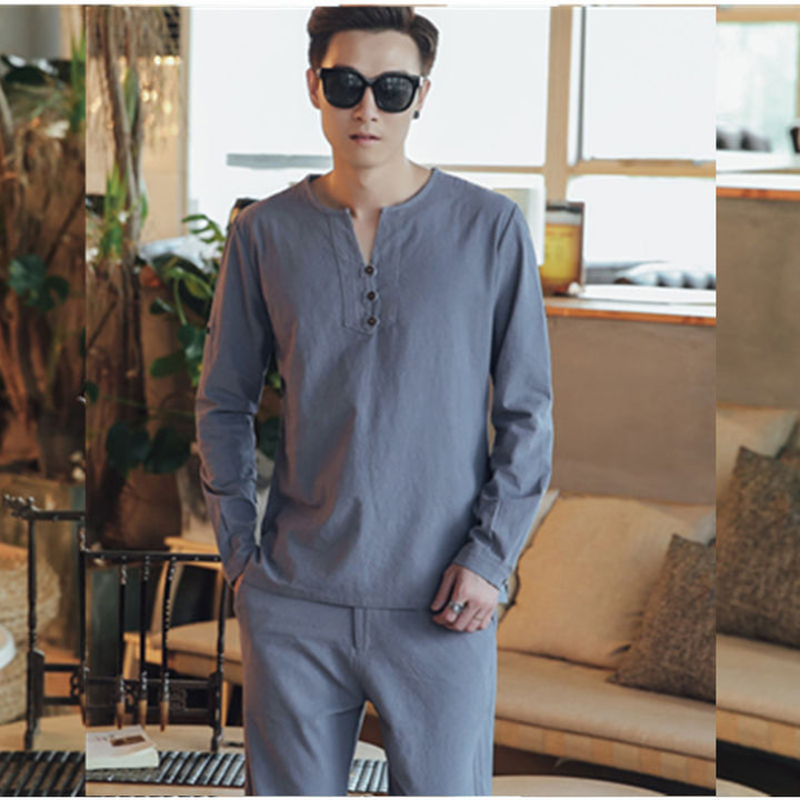 Men's Long Sleeve Henley Shirt with Stand Collar, Short Button Placket and Relaxed Fit Mune Fashion