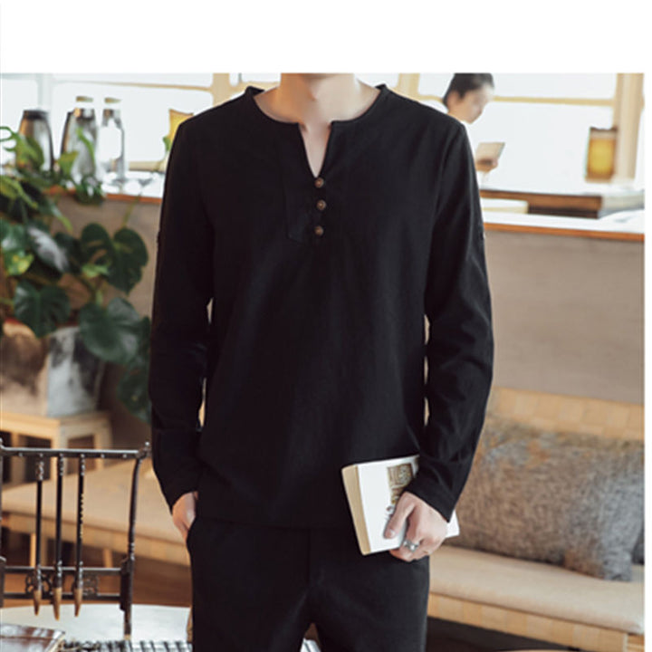 Men's Long Sleeve Henley Shirt with Stand Collar, Short Button Placket and Relaxed Fit Mune Fashion