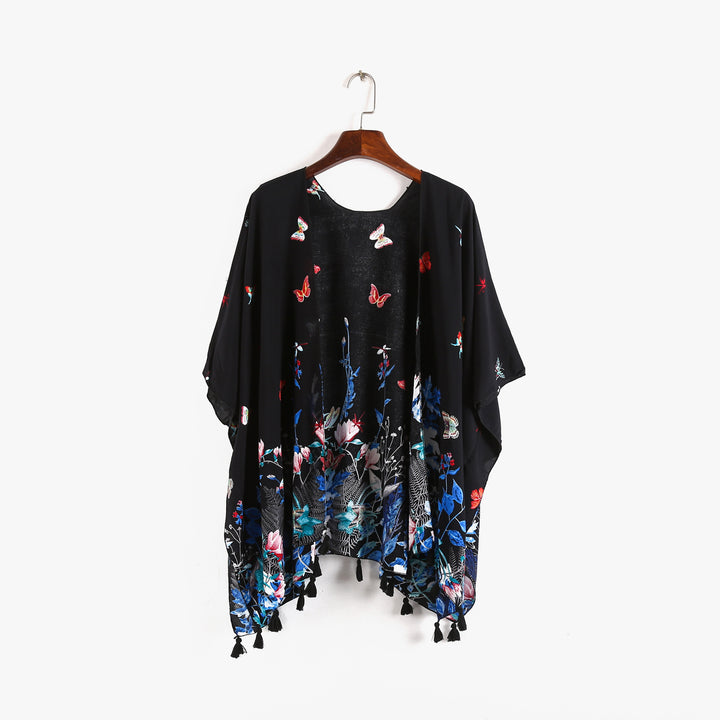 Women's Kaftan-Kimono-Throw with floral print, butterfly embroidery, and tassels Mune Fashion