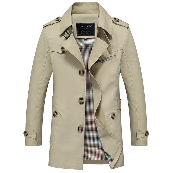 Men's lightweight cotton trench coat with lapel collar, shoulder epaulets, contrasting inner lining, and concealed button placket Mune Fashion