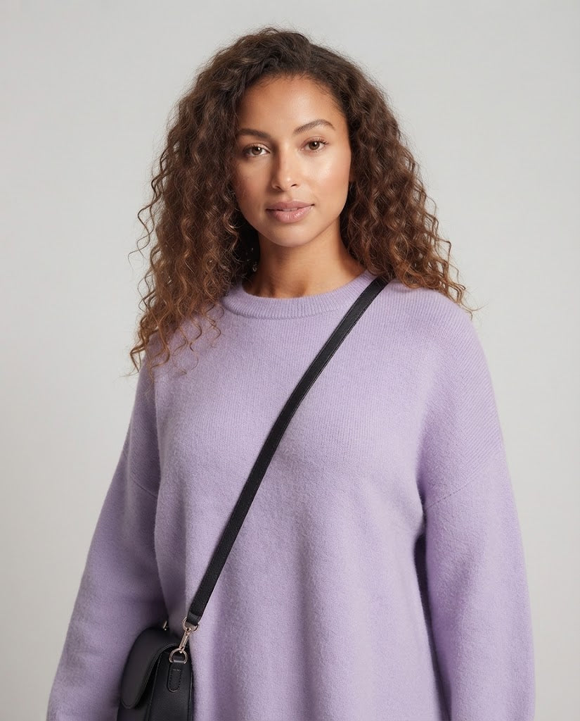 Ladies Oversize Long Sweater in Mohair Look with Round Neck, Drop Shoulder and Side Slit Mune Fashion