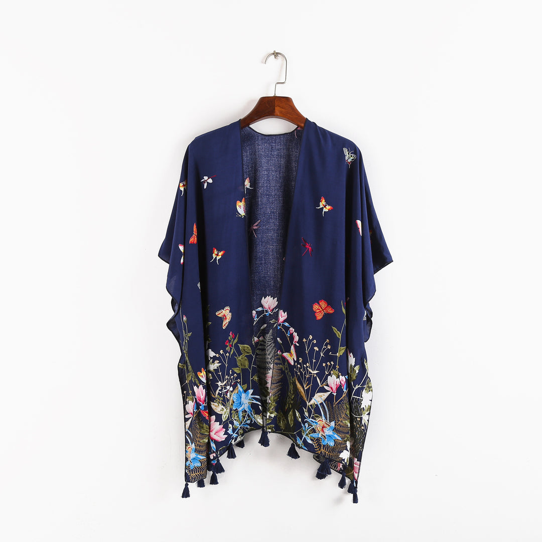 Women's Kaftan-Kimono-Throw with floral print, butterfly embroidery, and tassels Mune Fashion