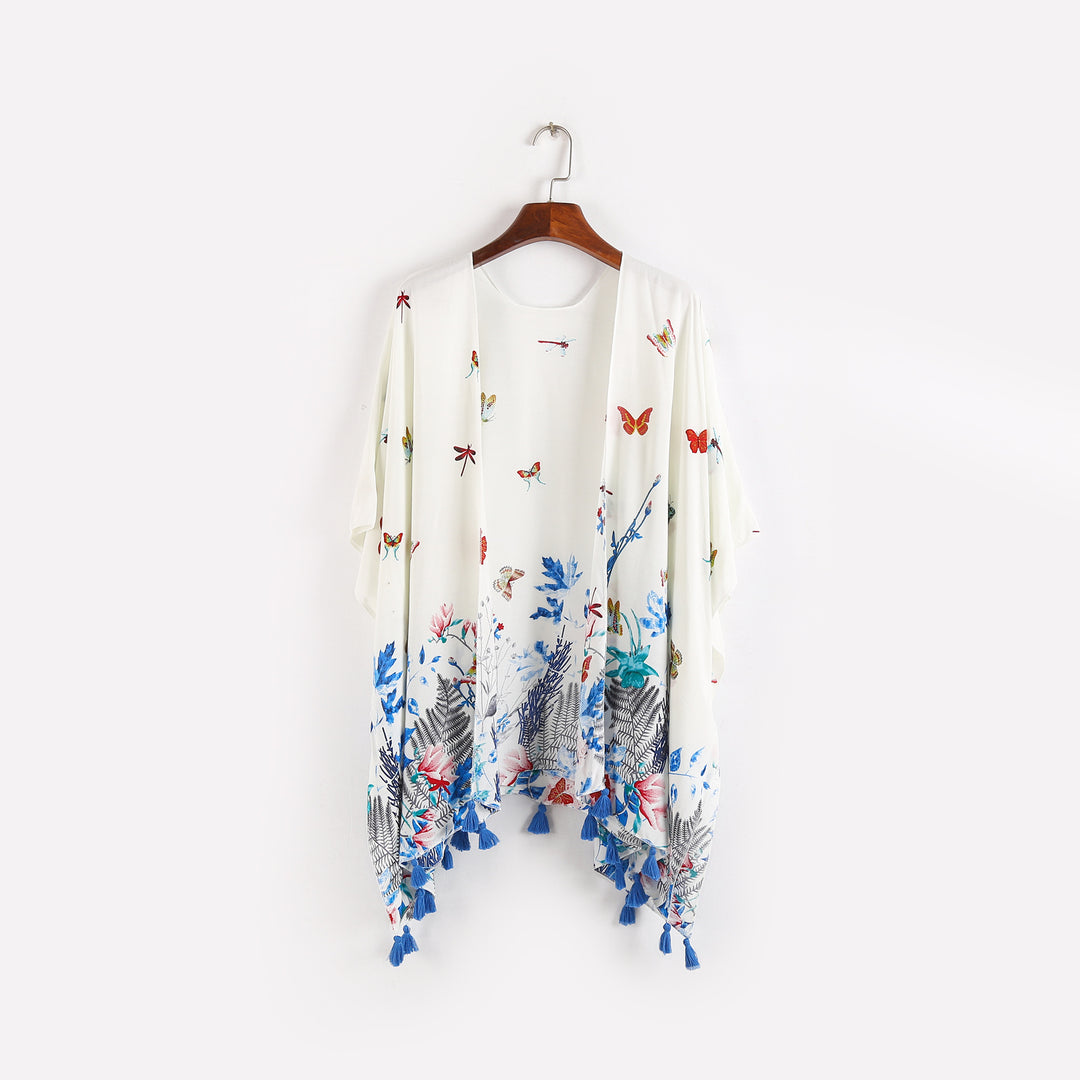 Women's Kaftan-Kimono-Throw with floral print, butterfly embroidery, and tassels Mune Fashion