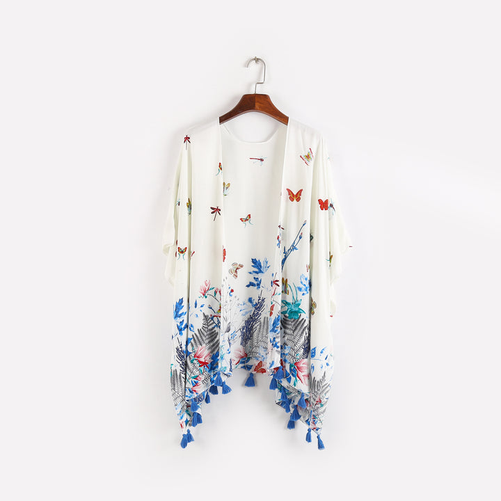 Women's Kaftan-Kimono-Throw with floral print, butterfly embroidery, and tassels Mune Fashion