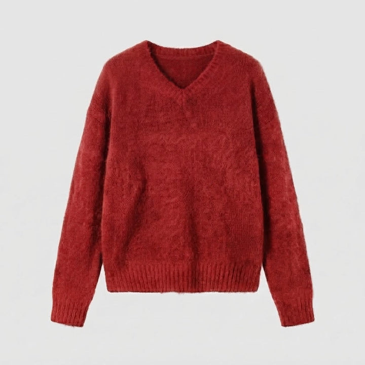Ladies Cozy V-Neck Mohair Blend Oversized Sweater with Ribbed Cuffs Mune Fashion