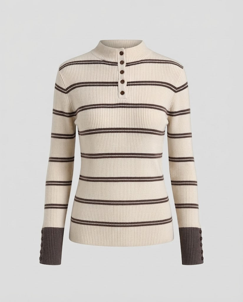 Women's Striped Ribbed Sweater with Stand-Up Collar, Button Placket, and Contrast Cuffs Mune Fashion