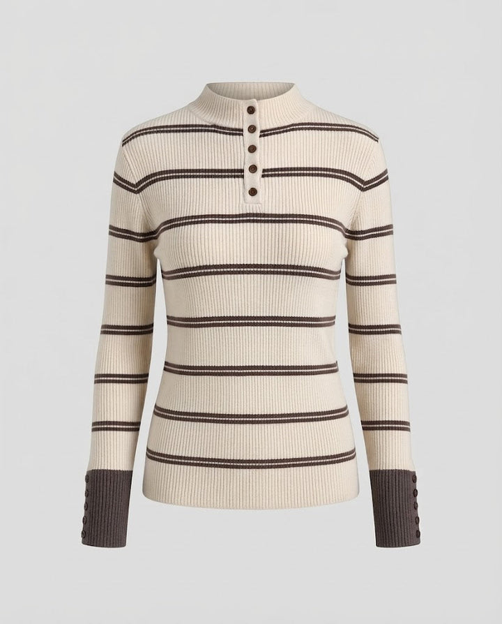 Women's Striped Ribbed Sweater with Stand-Up Collar, Button Placket, and Contrast Cuffs Mune Fashion