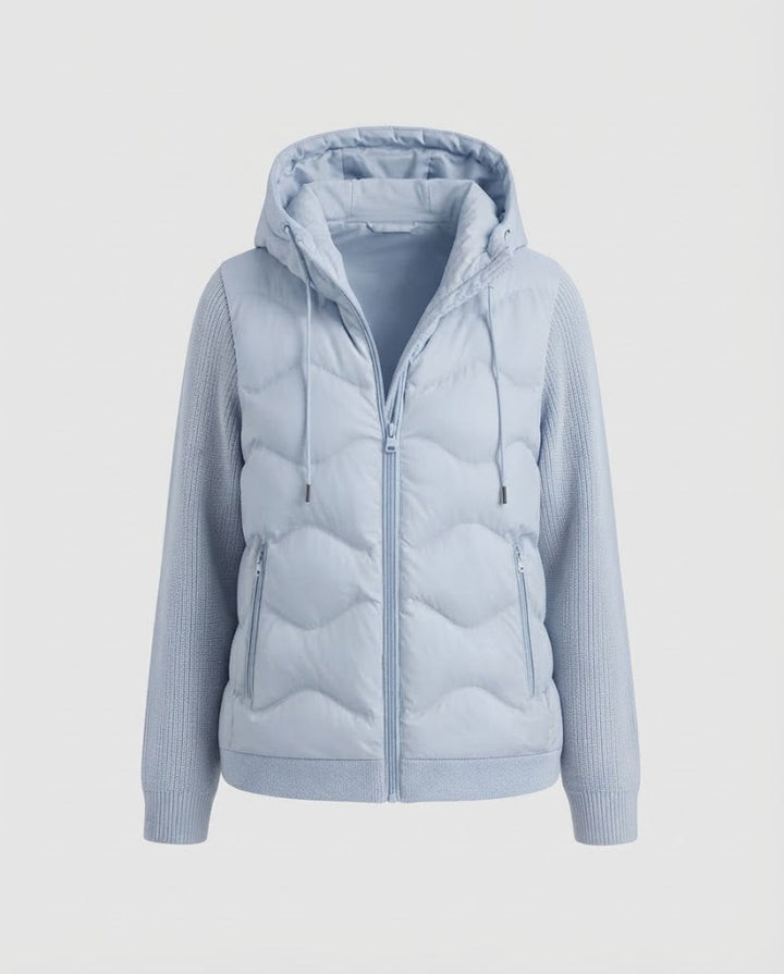 Women's hybrid quilted jacket with hood, quilted thermal front & knitted sleeves Mune Fashion