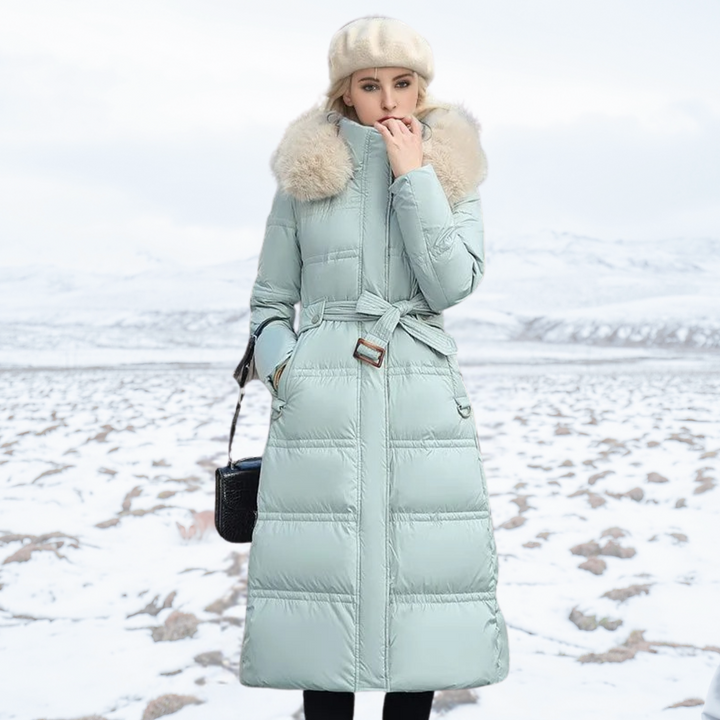 Mune | Long Winter Jacket Puffer Design Faux Fur Hood Tailored Belt Warm and Insulating