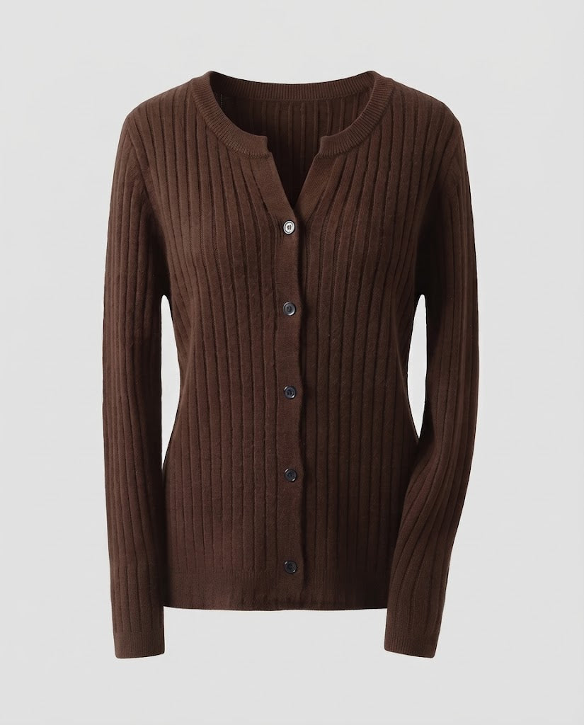 Women Knitted Rib Cardigan with Subtle V-Neck and Button Placket Mune Fashion