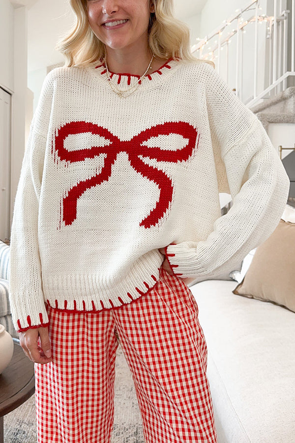 Mune | Christmas Bow Contrast Color Included Edge Long Sleeve Knitted Sweater