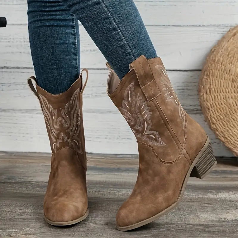Mune | Vintage Western Cowboy Boots with V-Cut Embroidery and Block Heel