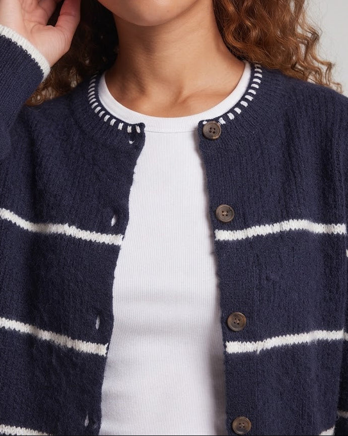 Women Chunky Knit Button Cardigan with Striped Texture and Round Neck Mune Fashion