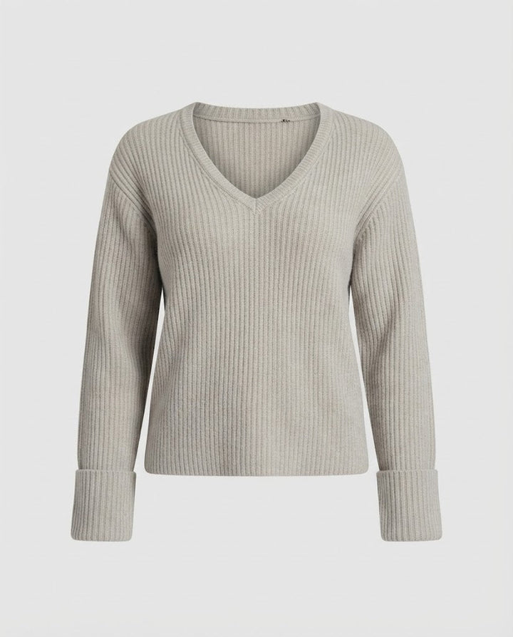 Women Soft Ribbed Knit Sweater with Deep V-Neck and Voluminous Sleeves Mune Fashion