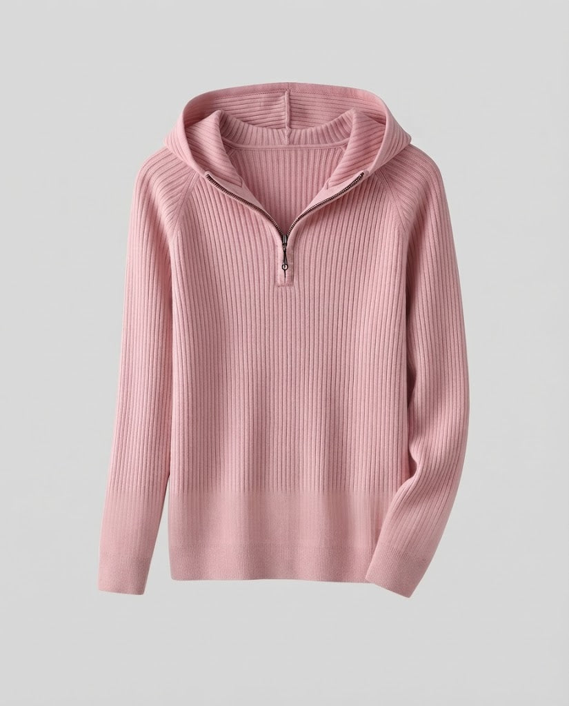Ladies Cashmere-Look Fine Knit Sweater with Half Zipper and Fine Rib Structure Mune Fashion