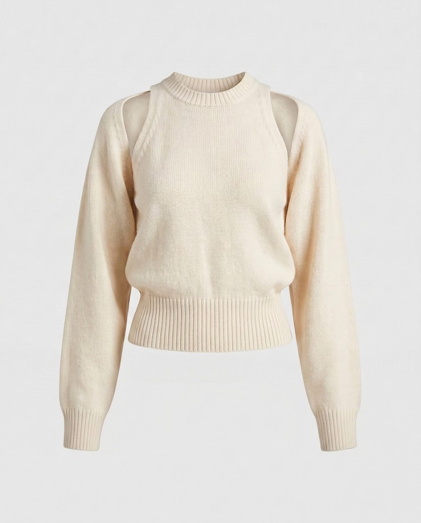 Women's fine knit sweater with cut-out shoulder detail and fitted ribbed waistband Mune Fashion