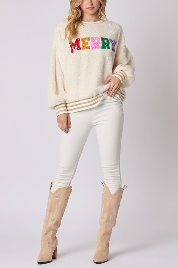 Mune | Christmas Letters Rhinestone Long Sleeve Round Neck Sweatshirt